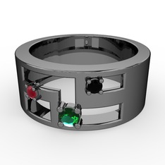 Valeda Alyans - Yeşil kuvars, kök yakut ve siyah zirkon 925 ayar siyah rodyum kaplama gümüş yüzük #11s40da