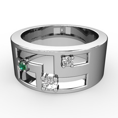 Pırlanta, yeşil kuvars ve beyaz zirkon 18 ayar beyaz altın yüzük (0.11 karat)