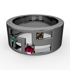 Valeda Alyans - Rodolit garnet, yeşil kuvars ve dumanlı kuvars 925 ayar siyah rodyum kaplama gümüş yüzük #14351qv