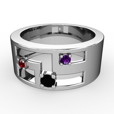 Valeda Alyans - Siyah zirkon, garnet ve ametist 18 ayar beyaz altın yüzük #14ftjkb