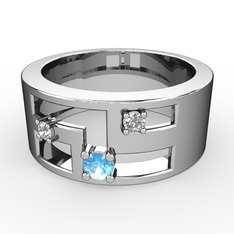 Valeda Alyans - Akuamarin, beyaz zirkon ve pırlanta 14 ayar beyaz altın yüzük (0.036 karat) #14k24mb