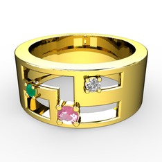 Valeda Alyans - Pembe kuvars, kök zümrüt ve beyaz zirkon 18 ayar altın yüzük #14wcbks