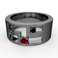 Valeda Alyans - Garnet, yeşil kuvars ve siyah zirkon 925 ayar siyah rodyum kaplama gümüş yüzük #15k050h