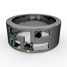 Valeda Alyans - Dumanlı kuvars, yeşil kuvars ve siyah zirkon 925 ayar siyah rodyum kaplama gümüş yüzük #15ss8mn