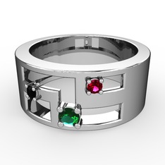 Valeda Alyans - Yeşil kuvars, siyah zirkon ve rodolit garnet 8 ayar beyaz altın yüzük #15tccwv