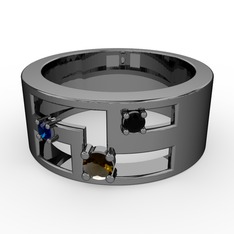 Valeda Alyans - Dumanlı kuvars, lab safir ve siyah zirkon 925 ayar siyah rodyum kaplama gümüş yüzük #160km06