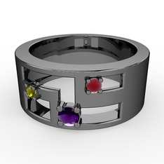 Ametist, peridot ve kök yakut 925 ayar siyah rodyum kaplama gümüş yüzük