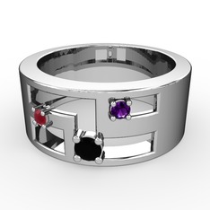 Siyah zirkon, kök yakut ve ametist 8 ayar beyaz altın yüzük