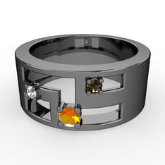 Valeda Alyans - Sitrin, beyaz zirkon ve dumanlı kuvars 925 ayar siyah rodyum kaplama gümüş yüzük #18y4esv