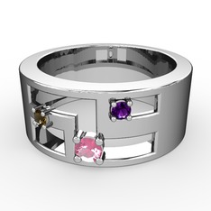 Valeda Alyans - Pembe kuvars, dumanlı kuvars ve ametist 18 ayar beyaz altın yüzük #19hbgb2