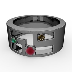 Valeda Alyans - Kök yakut, yeşil kuvars ve dumanlı kuvars 925 ayar siyah rodyum kaplama gümüş yüzük #1b5jfsd