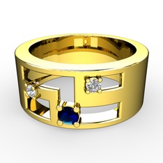 Lab safir, pırlanta ve swarovski 925 ayar altın kaplama gümüş yüzük (0.036 karat)