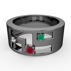 Valeda Alyans - Kök yakut, pırlanta ve kök zümrüt 925 ayar siyah rodyum kaplama gümüş yüzük (0.036 karat) #1edijo