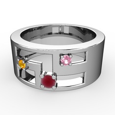 Kök yakut, sitrin ve pembe kuvars 8 ayar beyaz altın yüzük