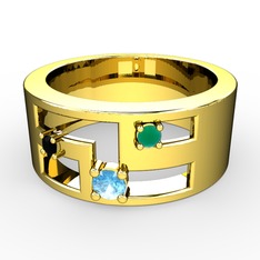 Akuamarin, siyah zirkon ve kök zümrüt 925 ayar altın kaplama gümüş yüzük