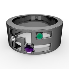 Valeda Alyans - Ametist, pırlanta ve kök zümrüt 925 ayar siyah rodyum kaplama gümüş yüzük (0.036 karat) #1g2m6qq