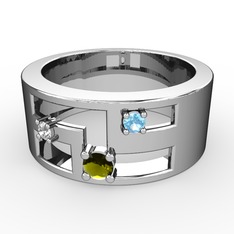 Peridot, pırlanta ve akuamarin 18 ayar beyaz altın yüzük (0.036 karat)