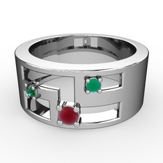 Valeda Alyans - Kök yakut, yeşil kuvars ve kök zümrüt 14 ayar beyaz altın yüzük #1gpgyo0