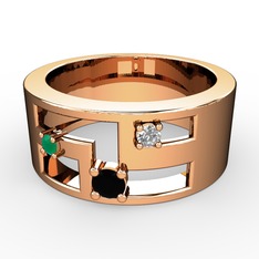 Siyah zirkon, kök zümrüt ve beyaz zirkon 8 ayar rose altın yüzük