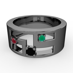 Valeda Alyans - Siyah zirkon, kök yakut ve kök zümrüt 925 ayar siyah rodyum kaplama gümüş yüzük #1h5ynu0