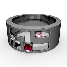 Valeda Alyans - Rodolit garnet, beyaz zirkon ve pembe kuvars 925 ayar siyah rodyum kaplama gümüş yüzük #1j2tyss