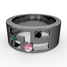 Valeda Alyans - Pembe kuvars, yeşil kuvars ve siyah zirkon 925 ayar siyah rodyum kaplama gümüş yüzük #1kwiaxw