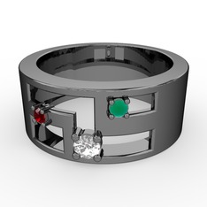 Valeda Alyans - Swarovski, garnet ve kök zümrüt 925 ayar siyah rodyum kaplama gümüş yüzük #1l4pf4e