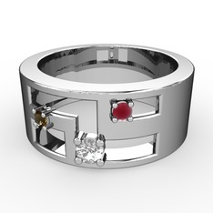 Valeda Alyans - Pırlanta, dumanlı kuvars ve kök yakut 8 ayar beyaz altın yüzük (0.11 karat) #1lakiqr