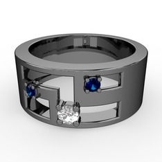 Valeda Alyans - Pırlanta ve lab safir 925 ayar siyah rodyum kaplama gümüş yüzük (0.11 karat) #1lfwmrk