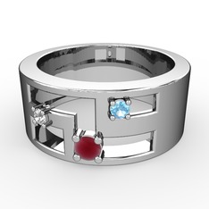 Kök yakut, pırlanta ve akuamarin 18 ayar beyaz altın yüzük (0.036 karat)