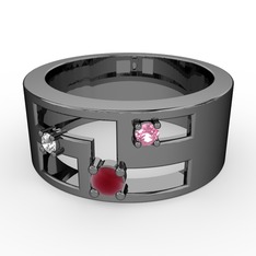 Valeda Alyans - Kök yakut, beyaz zirkon ve pembe kuvars 925 ayar siyah rodyum kaplama gümüş yüzük #1m0t3wd