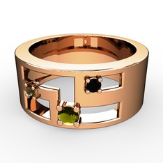 Peridot, dumanlı kuvars ve siyah zirkon 14 ayar rose altın yüzük