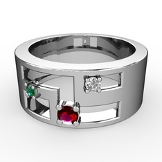 Rodolit garnet, yeşil kuvars ve beyaz zirkon 18 ayar beyaz altın yüzük