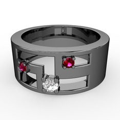 Valeda Alyans - Pırlanta ve rodolit garnet 925 ayar siyah rodyum kaplama gümüş yüzük (0.11 karat) #1moc29o