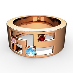 Akuamarin, pembe kuvars ve garnet 14 ayar rose altın yüzük
