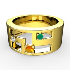 Sitrin, beyaz zirkon ve kök zümrüt 14 ayar altın yüzük
