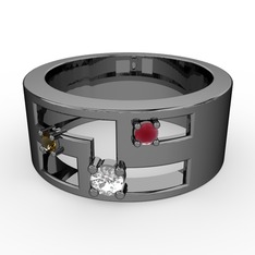 Valeda Alyans - Beyaz zirkon, dumanlı kuvars ve kök yakut 925 ayar siyah rodyum kaplama gümüş yüzük #1ot0lw7