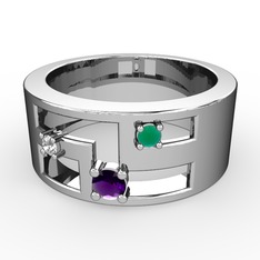 Valeda Alyans - Ametist, pırlanta ve kök zümrüt 14 ayar beyaz altın yüzük (0.036 karat) #1p1r6u6