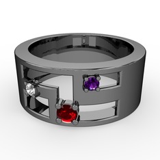 Valeda Alyans - Garnet, pırlanta ve ametist 925 ayar siyah rodyum kaplama gümüş yüzük (0.036 karat) #1rgnask