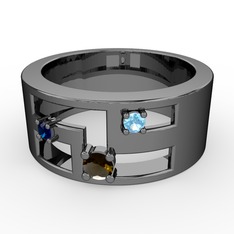 Valeda Alyans - Dumanlı kuvars, lab safir ve akuamarin 925 ayar siyah rodyum kaplama gümüş yüzük #1rjxf66