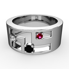Siyah zirkon, pırlanta ve rodolit garnet 8 ayar beyaz altın yüzük (0.036 karat)