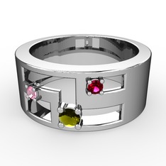 Peridot, pembe kuvars ve rodolit garnet 925 ayar gümüş yüzük