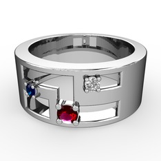 Rodolit garnet, lab safir ve pırlanta 8 ayar beyaz altın yüzük (0.036 karat)