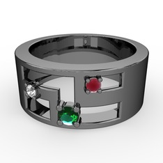 Valeda Alyans - Yeşil kuvars, beyaz zirkon ve kök yakut 925 ayar siyah rodyum kaplama gümüş yüzük #1w9678