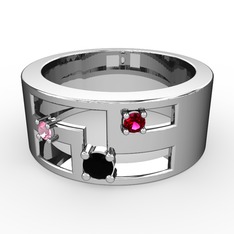 Siyah zirkon, pembe kuvars ve rodolit garnet 8 ayar beyaz altın yüzük