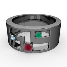 Kök yakut, akuamarin ve kök zümrüt 925 ayar siyah rodyum kaplama gümüş yüzük