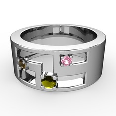 Peridot, dumanlı kuvars ve pembe kuvars 8 ayar beyaz altın yüzük