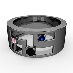 Siyah zirkon, pembe kuvars ve lab safir 925 ayar siyah rodyum kaplama gümüş yüzük