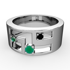 Valeda Alyans - Kök zümrüt, yeşil kuvars ve siyah zirkon 14 ayar beyaz altın yüzük #204h90