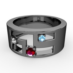 Valeda Alyans - Rodolit garnet, pırlanta ve akuamarin 925 ayar siyah rodyum kaplama gümüş yüzük (0.036 karat) #2ez7xe